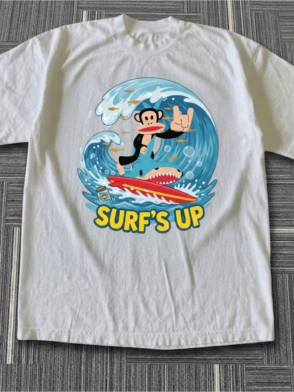 Gildan White Surf's Up Graphic Tee with Blue
